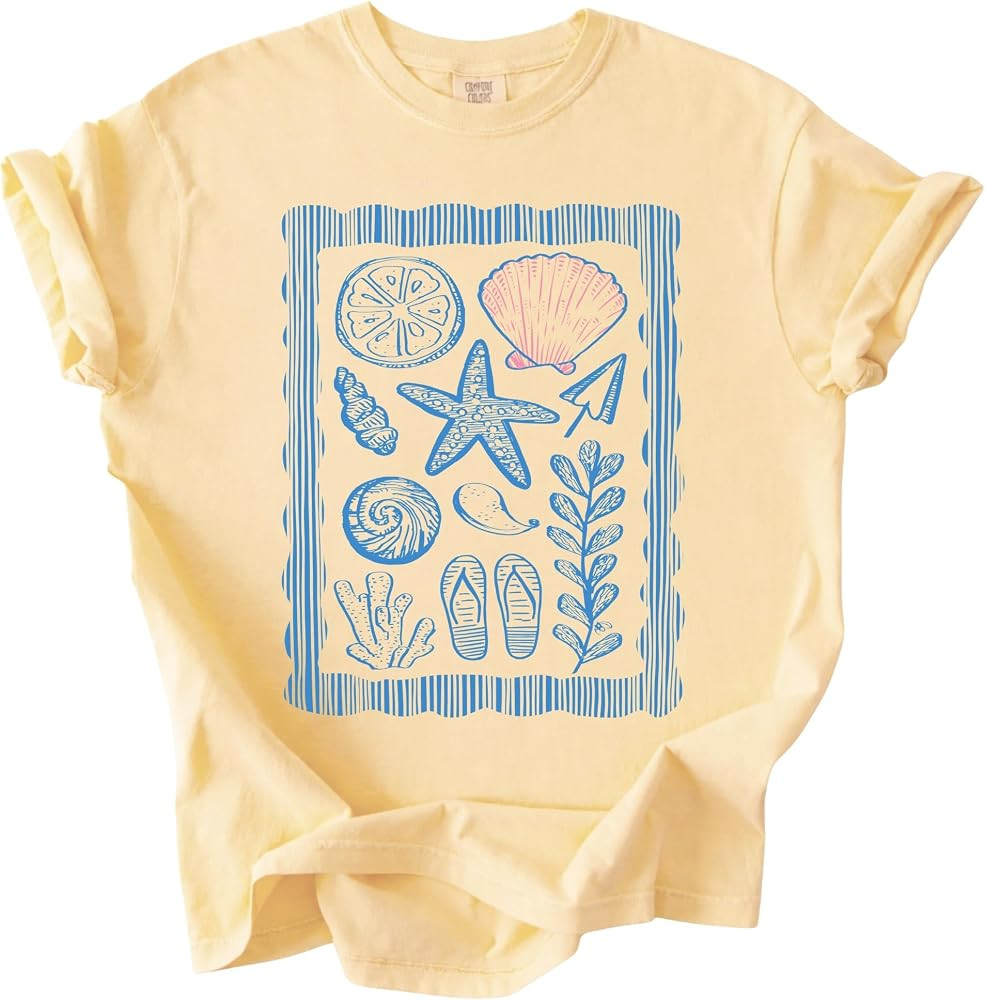 FITIN Coastal Shells Garment-Dyed Shirt Beach Aesthetic Starfish Seashell Summer Graphic T Shirt | Amazon (US)