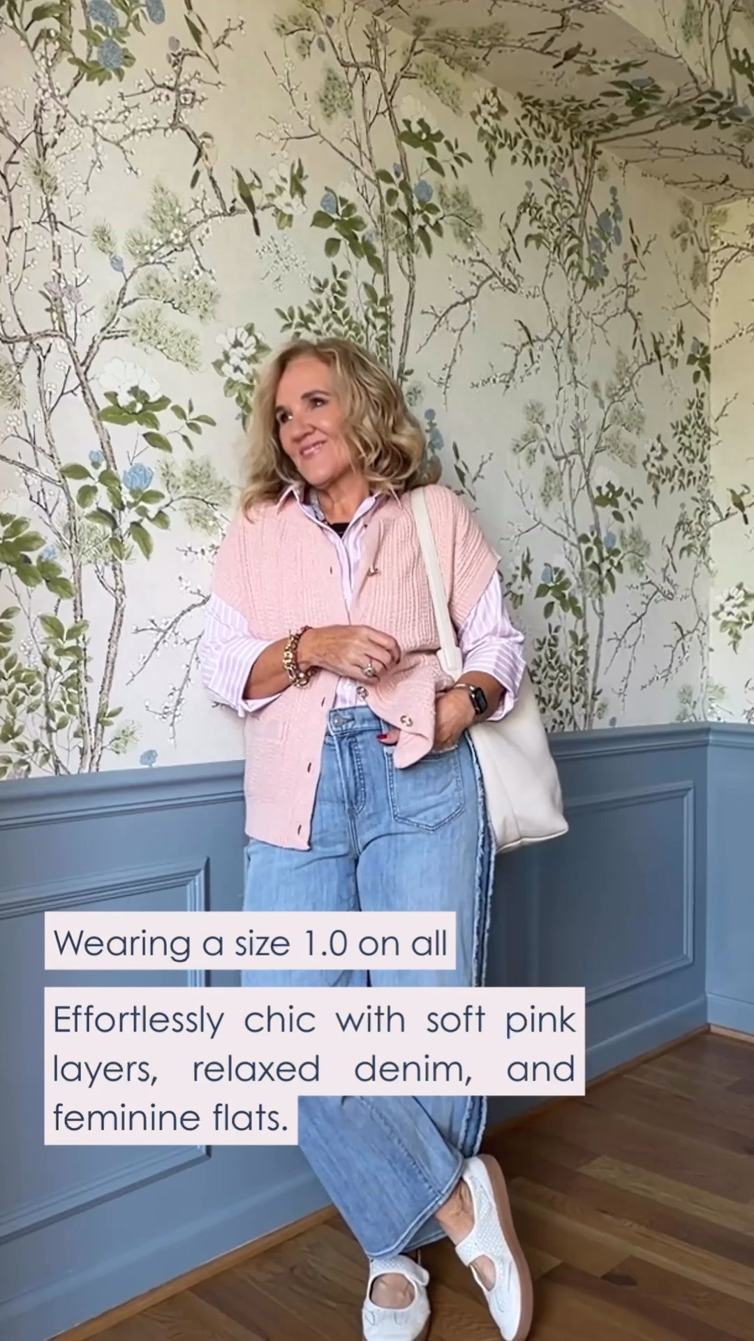 Soft pink layers are such a pretty way to brighten up relaxed denim. This textured pink vest over a striped button-down adds feminine detail without feeling fussy, while the relaxed jeans and flats keep the outfit comfortable and easy for everyday wear. Wearing a size 1.0 on all.

💡 LTK MADE EASY
❤️ Heart = Support my posts!
🔖 Save = Get sale & restock alerts
📋 Lists = Keep favorites organized
📲 Share = Send lists and products to a friend. Hello, Christmas List!
💬 Comment = Ask me anything about what I'm wearing.:-)

#LTKootd #LTKdayinmylife #LTKOver40