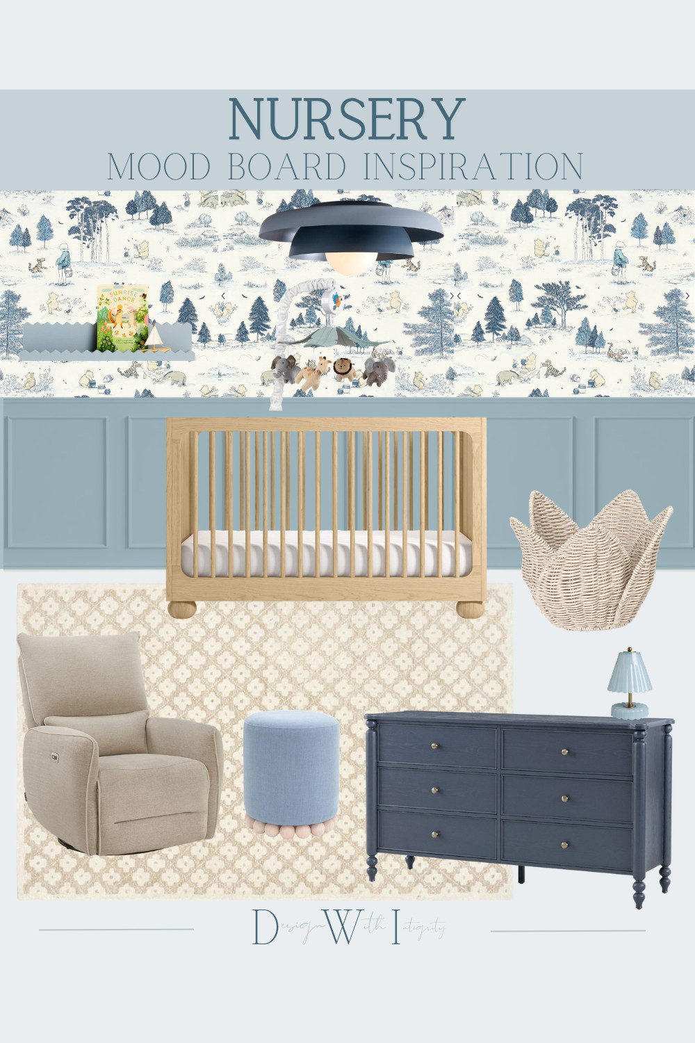 This nursery mood board mixes classic blue tones with warm wood finishes and playful storybook inspired details for a space that feels timeless and full of character. The woodland wallpaper creates such a whimsical backdrop while the rich navy dresser and soft blue accents keep the palette grounded and sophisticated. I love how the natural textures, layered neutrals, and cozy seating balance the bolder design moments to create a nursery that feels elevated yet approachable. Tap through to shop the nursery furniture, decor, lighting, and styling details featured in this design.

#nurseryinspiration
#blueandwhitenursery
#storybooknursery
#babyroomdecor
#nurserymoodboard

blue nursery decor
woodland nursery
storybook nursery inspiration
navy nursery furniture
baby boy nursery
neutral nursery decor
nursery mood board
wood crib nursery 

 #LTKHome