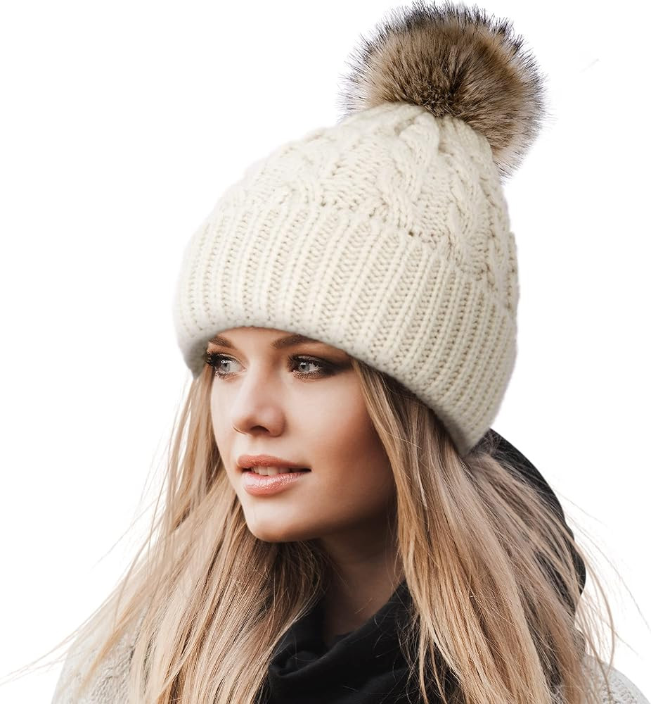Livingston Women's Winter Soft Knit Beanie Hat with Faux Fur Pom Pom Warm Skull Cap Beanies for W... | Amazon (US)