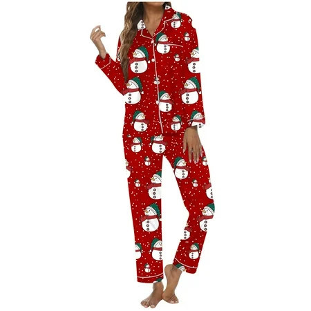 Pajamas for Women Set Christmas Snowman Pattern Cozy Long Sleeve Button Down Set Women Pjs Sets,A,XXL | Walmart (US)