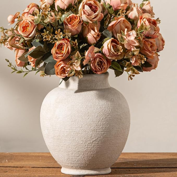 Ceramic Flower Vase, 6.7 Inch White Flower Vase Rustic Farmhouse Decorative Vase Floral Pottery V... | Amazon (US)