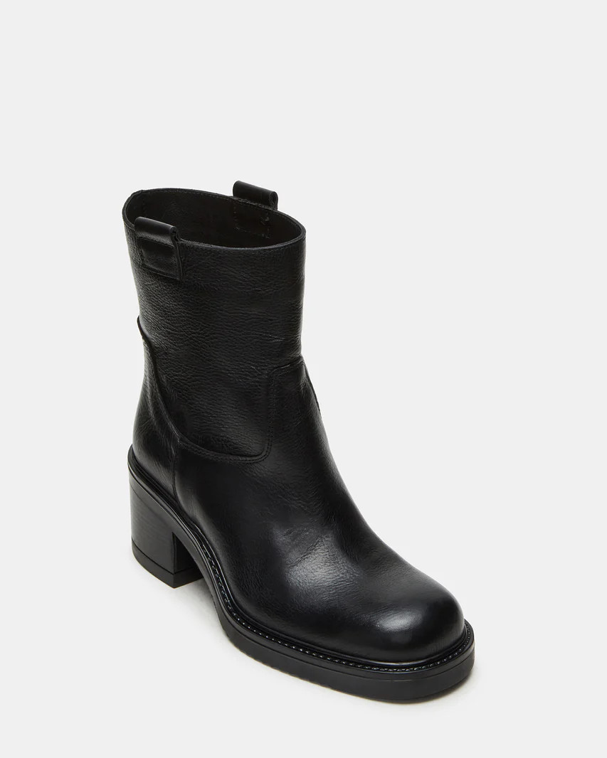 HOPPER Black Leather Block Heel Ankle Boot | Women's Booties | Steve Madden (US)