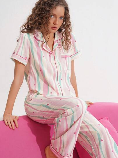 Chillnights Women's Colorful Striped Bubble Crinkle Casual Pajama Set Holiday Season | SHEIN ... | SHEIN