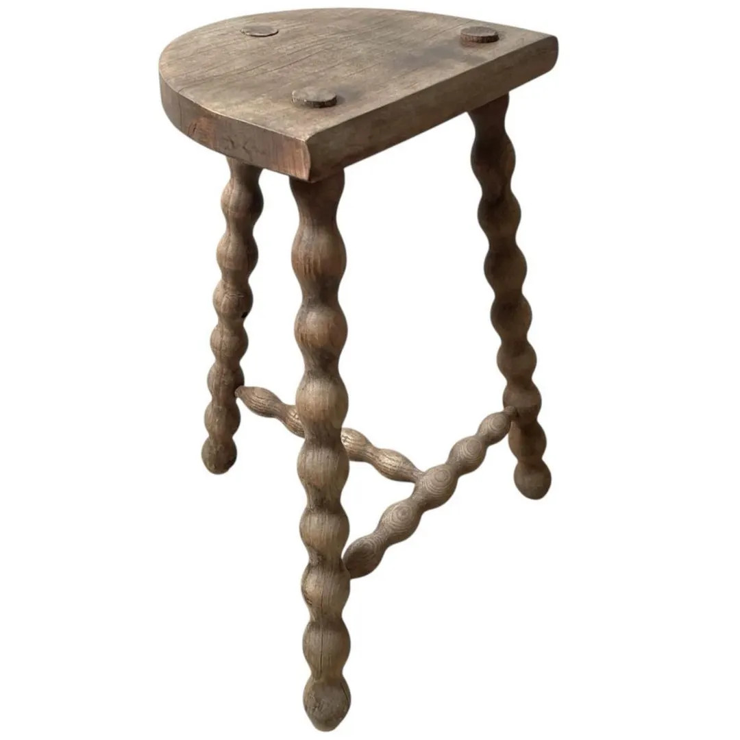 Vintage French Tripod Stool Chair Seat Wooden Milking Kitchen D Shaped Seat Braced Bobbin Leg Res... | Etsy (US)