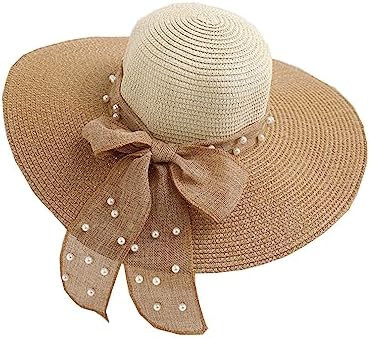 Summer Pearl Bow Women Beach Sun Hat Foldable Grass Hat Lady Beige Brown Color Matching Sunshade ... | Amazon (US)