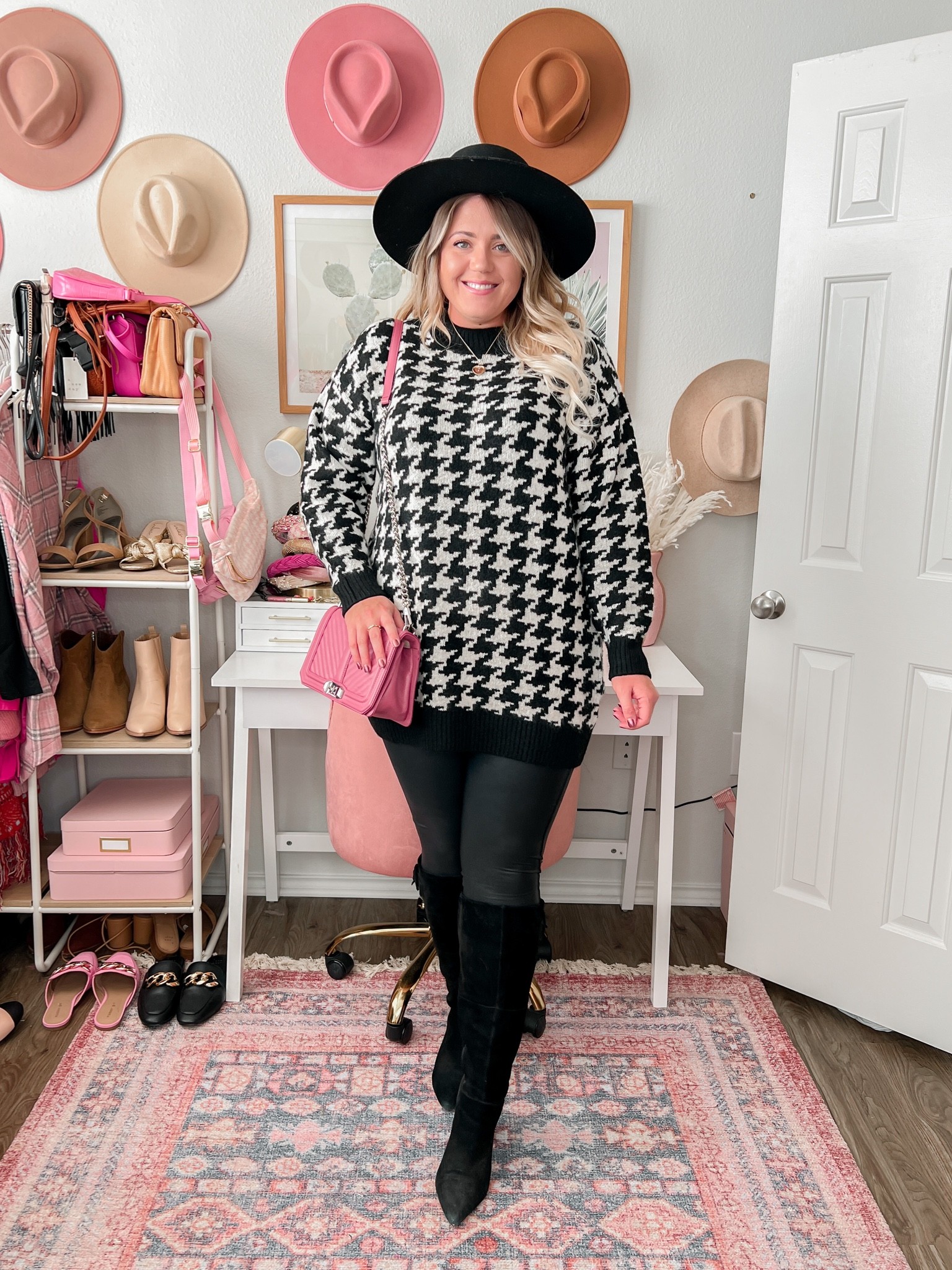 Houndstooth sweater dress, H&M finds, affordable style, midsize style, midsize fashion, Spanx faux leather leggings, winter fashion

#LTKHoliday #LTKsalealert #LTKunder50