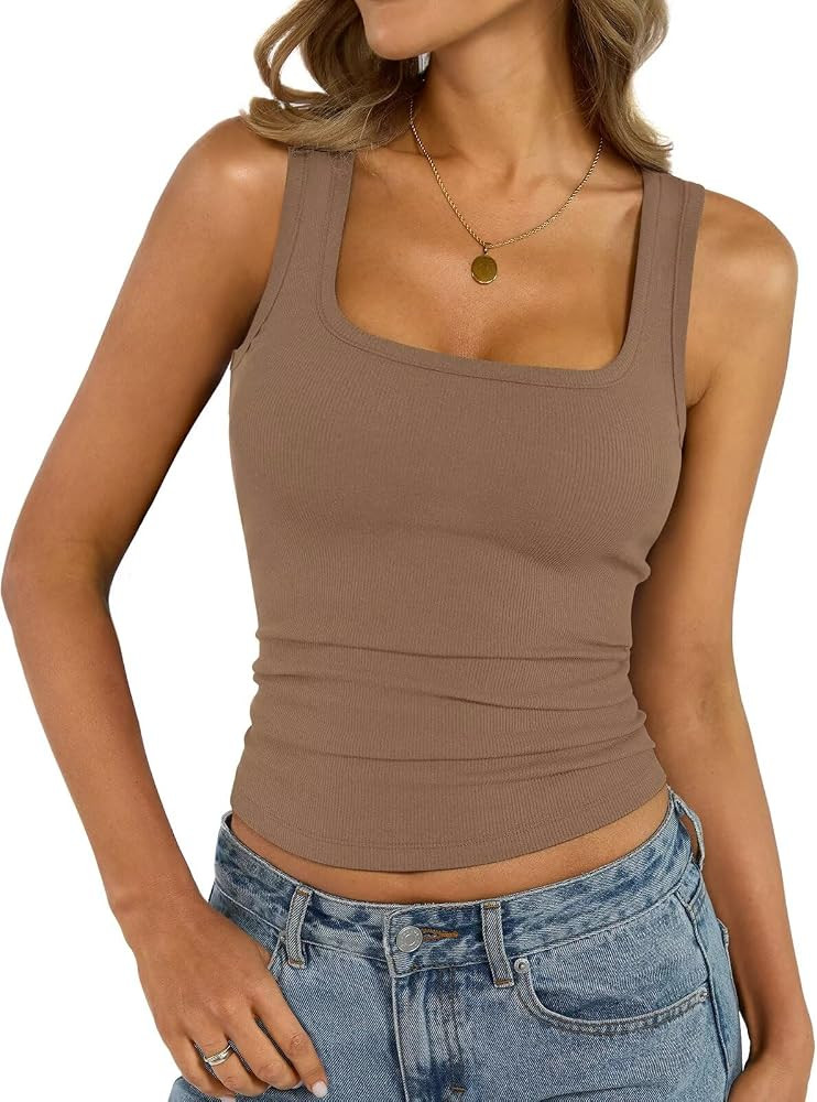 Womens Cotton Square Neck Ribbed Tank Tops Fitted Thin Shoulder Strap Sleeveless Basic Summer Cam... | Amazon (US)