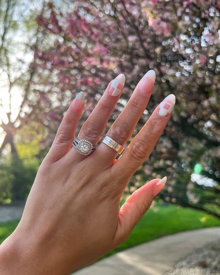 Checkered nails. Spring nails. Tiffany & co ring. Wedding ring. Gel mani. Summer nails. French tip nails. Almond nails. 

#LTKbeauty