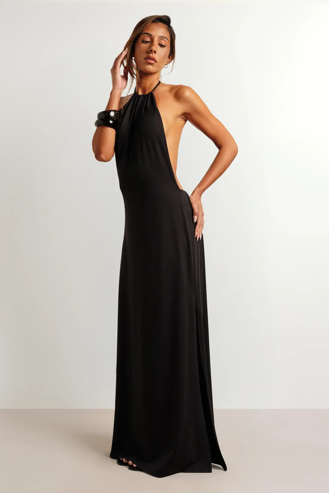 Black Ruched Neckline Halter Low Back Super Soft Maxi Dress | Boohoo USA | boohoo (US & Canada)