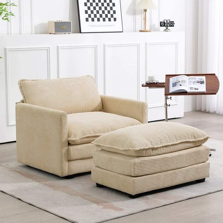 JUSTLET Modern Corduroy Accent Armchair with Ottoman for Bedroom Living Reading Room Office, Khak... | Walmart (US)
