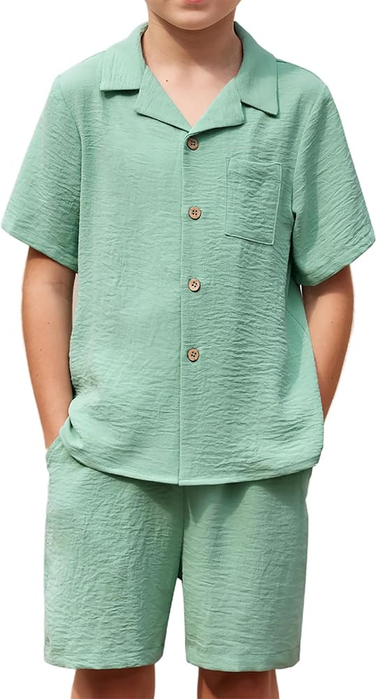 Arshiner Boys 2 Pieces Summer Beach Outfits Short Sleeve Button Down Shirts and Shorts Vacation T... | Amazon (US)