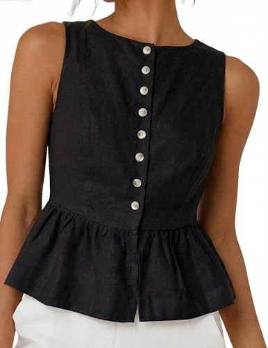 SKIKYAN Women's Linen Tank Tops Sleeveless Peplum Top Button Front Casual Flared Hem Blouse for S... | Amazon (US)