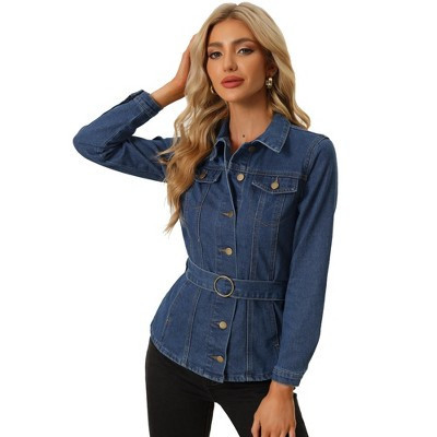 Allegra K Women's Button Up Long Sleeve Belt Washed Jean Jacket Dark Blue Small | Target
