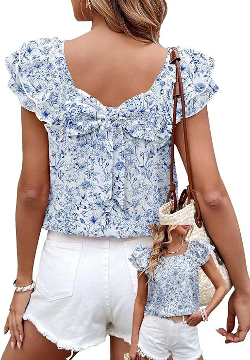 Falechay Womens Bow Tie Back Tops Round Neck Ruffle Short Sleeve Shirts Cute Babydoll Chiffon Tee... | Amazon (US)