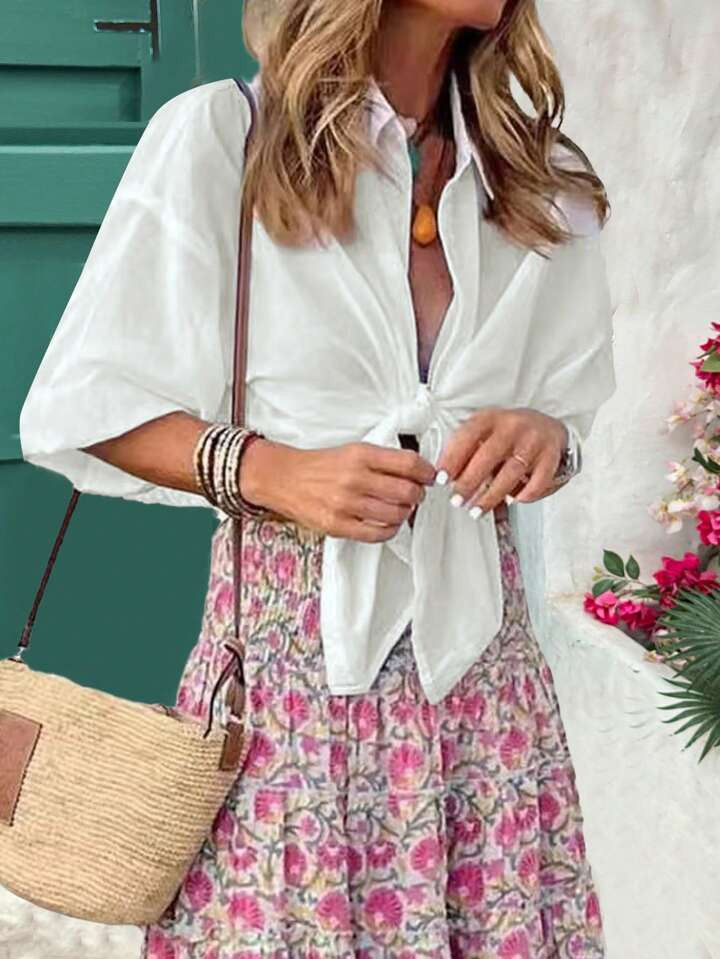 Breezaya Buttoned Woven Textured Shirt With Knot Design, Spring/Summer | SHEIN