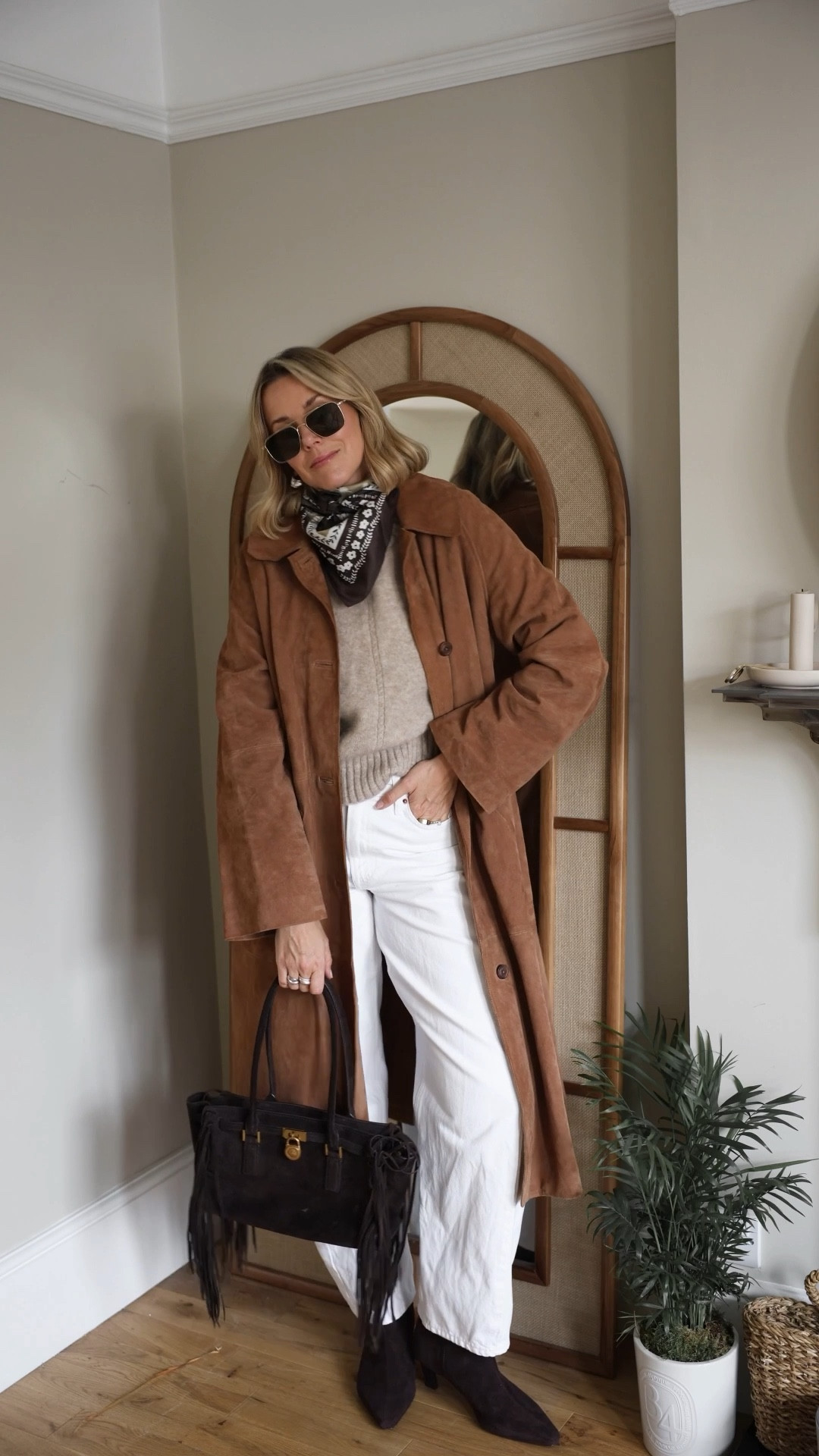 Suede jacket, neck scarf, bandana scarf, white barrel jeans, spring outfit 

#LTKuk #LTKFashionMonth #LTKXAbercrombieDenim