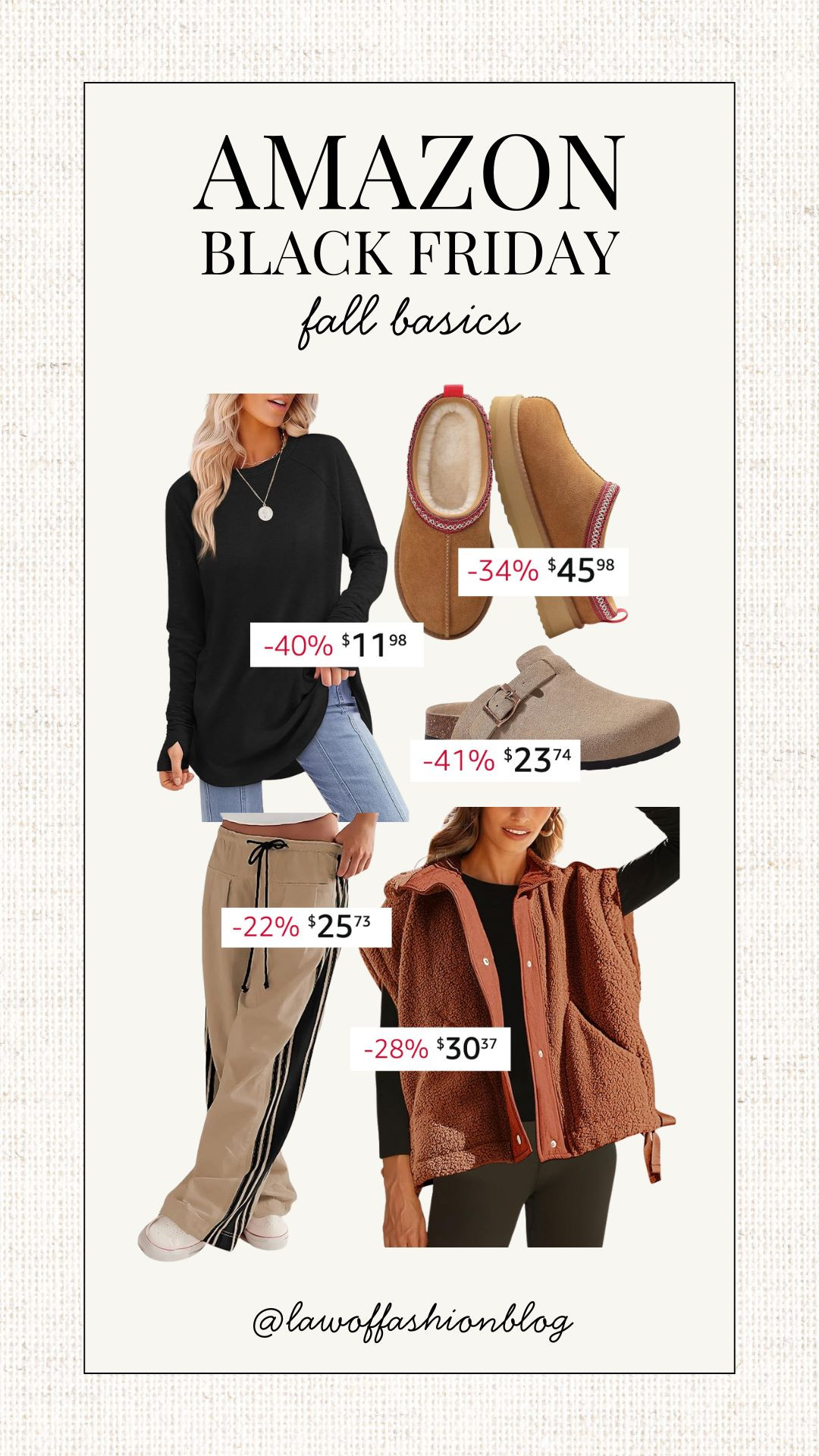 Amazon Black Friday deals on my favorite fall basics! Layering long sleeve tee, look for less slipper boots, clogs, oversized sherpa vest, track pants, Amazon fashion finds 

 #LTKCyberWeek #LTKSaleAlert #LTKFindsUnder50