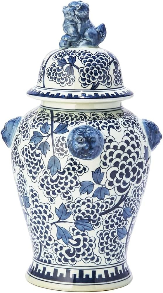 Tozai Home Blue & White Peony Flower Covered Temple Jar w/Lion Accents | Amazon (US)