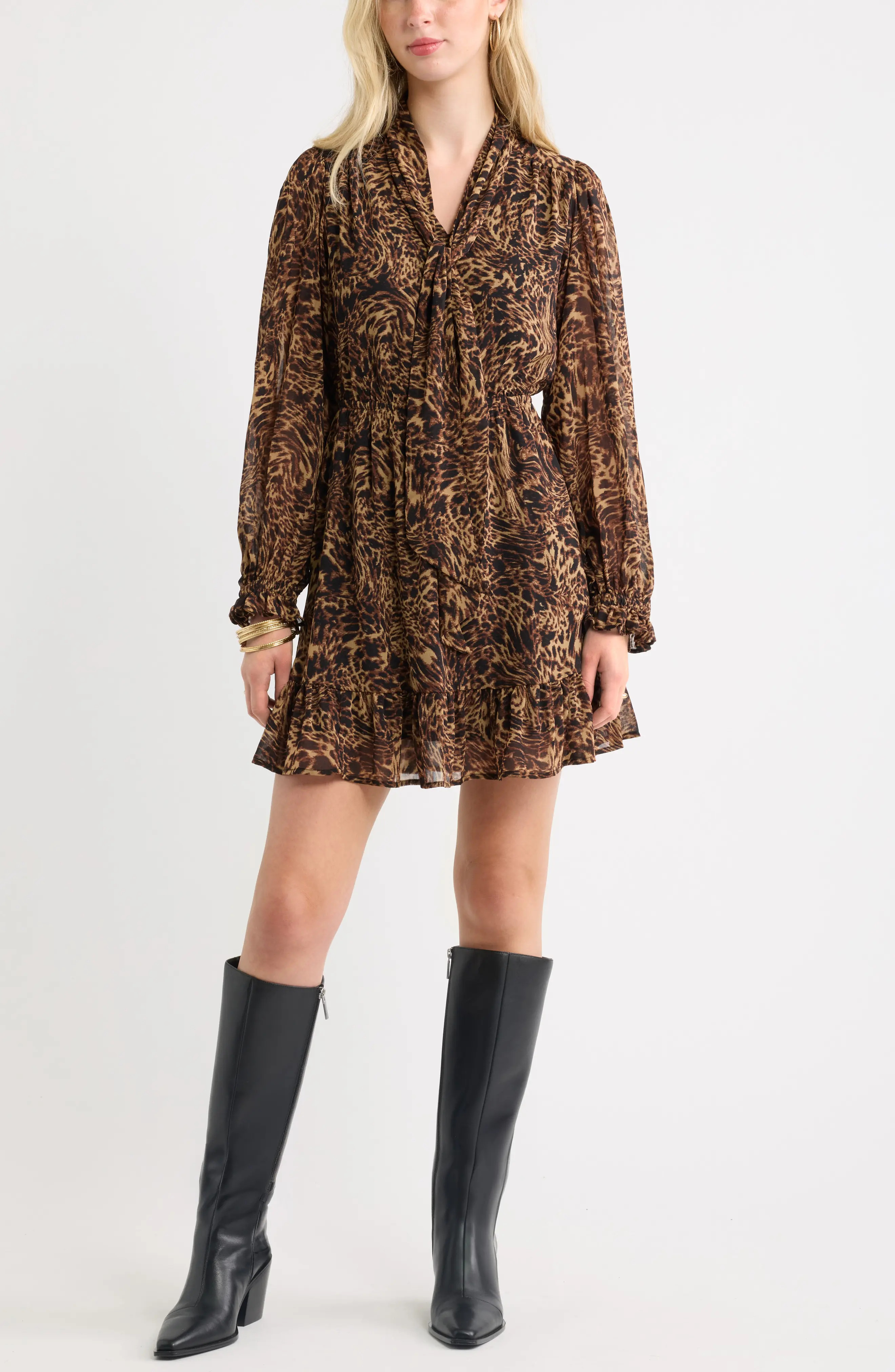 Treasure & Bond Tie Neck Long Sleeve Minidress in Tan- Black Leopard Abstract at Nordstrom, Size Large | Nordstrom
