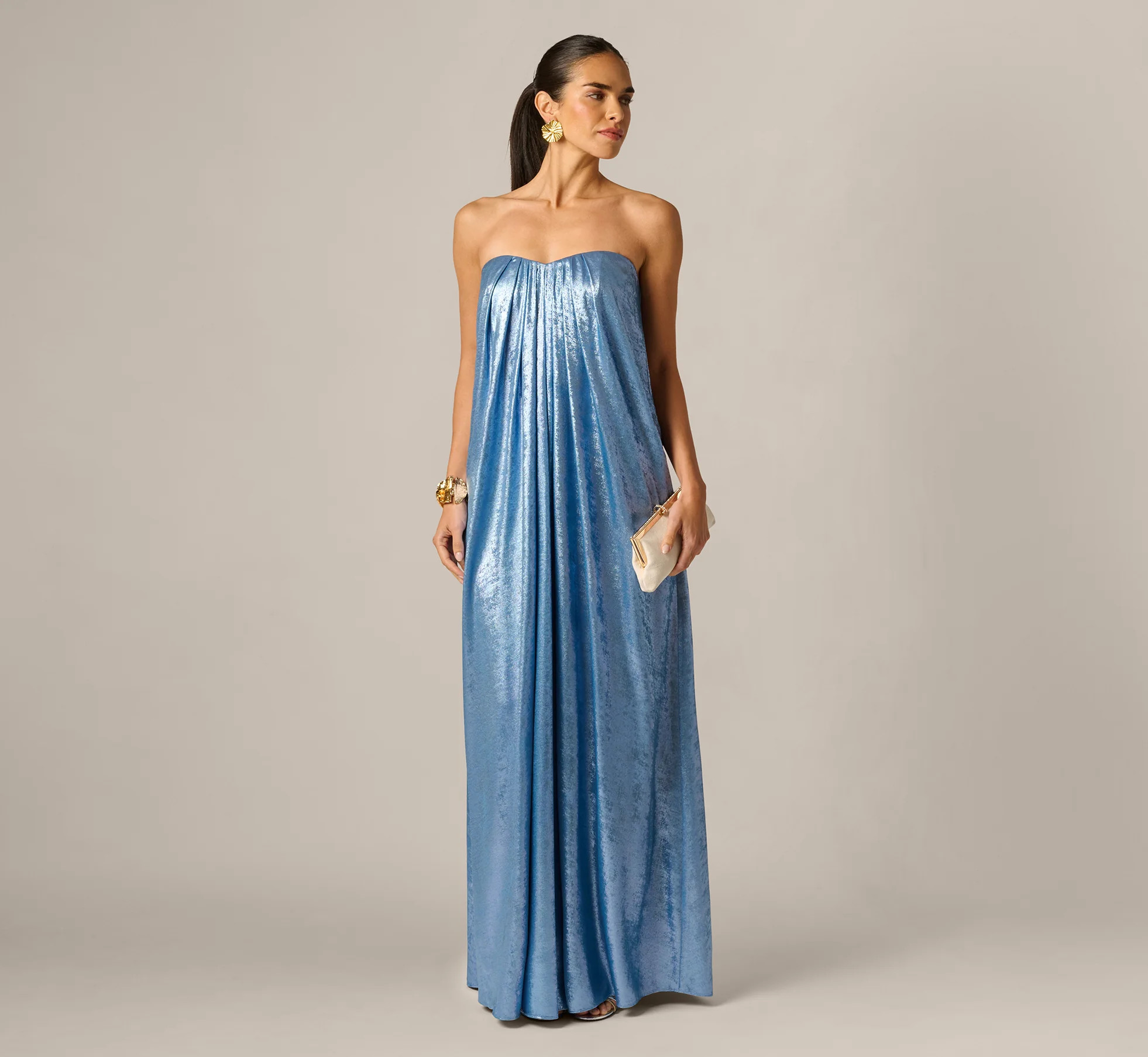Strapless Foil Chiffon Trapeze Gown In Azure Blue | Adrianna Papell