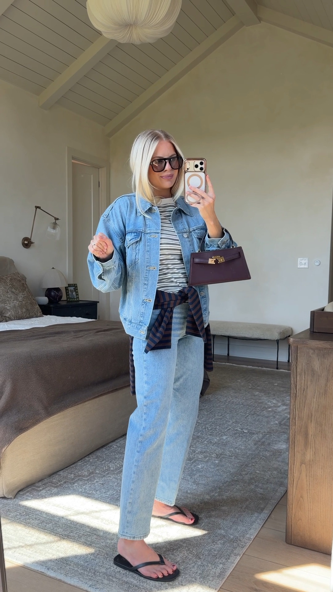 SIZE: med in tees & jacket, 28 in jeans (sized up for pp - 7 Yrs Bleu Taboo), linked similar shoes & bags! #kathleenpost Fall transition outfit, fall outfit Inspo, denim on denim

#LTKootd