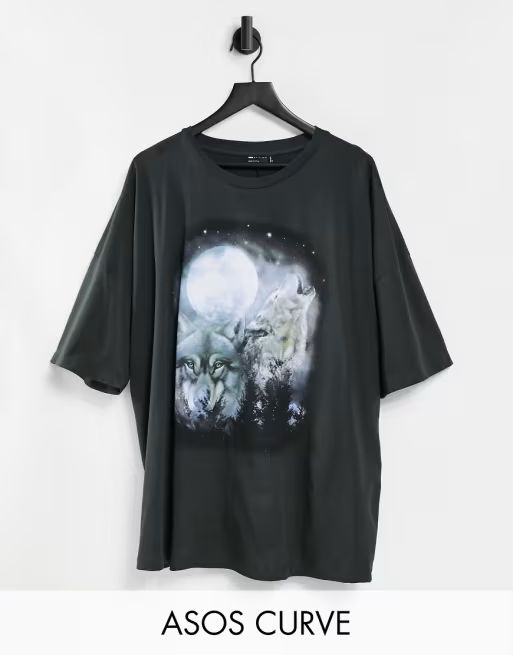 ASOS DESIGN Curve t-shirt with rock wolves graphic in washed charcoal | ASOS (Global)