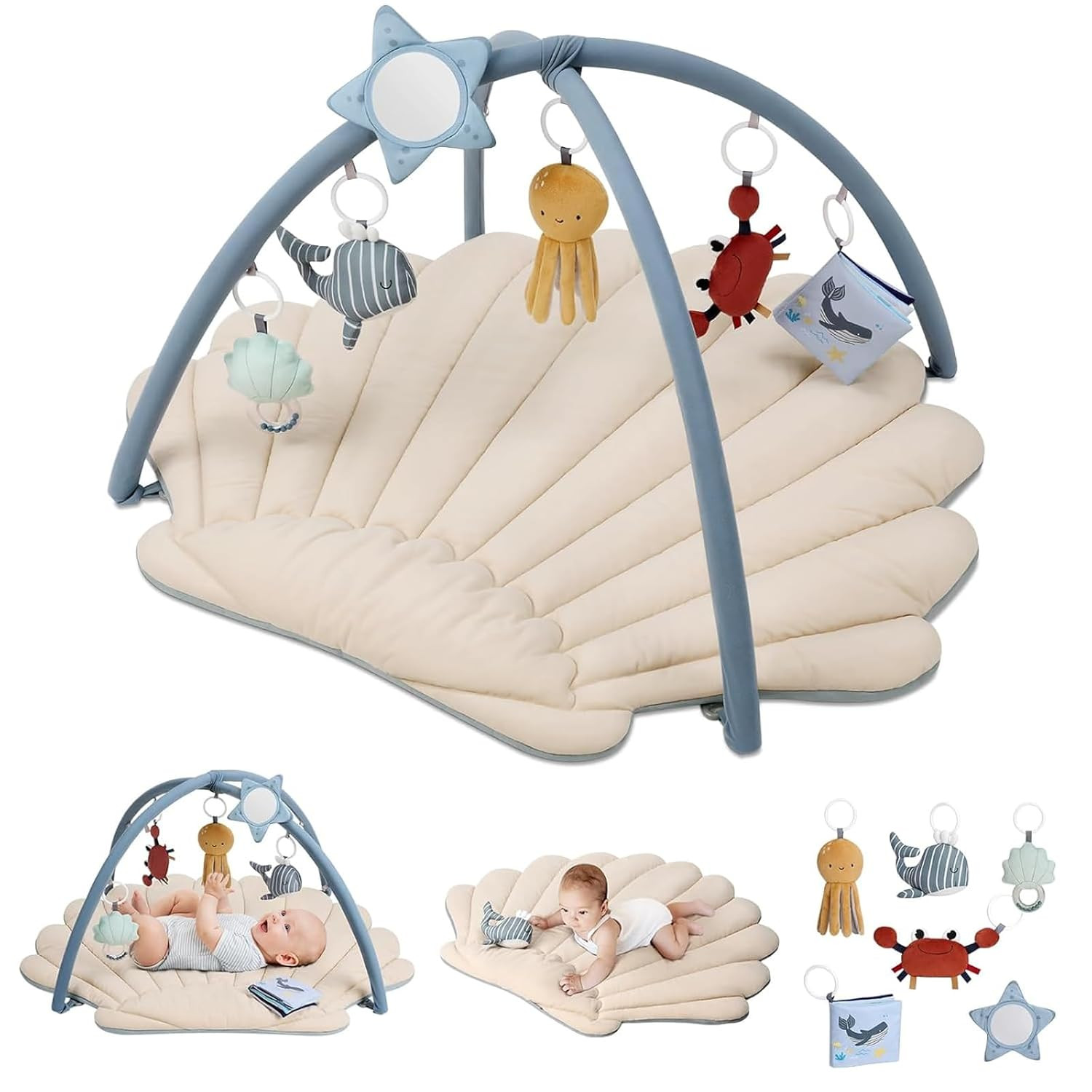 Blissful Diary Shell Baby Play Gym Mat, Softer & Enlarged Tummy Time Mat w 6 Detachable Toys for ... | Amazon (US)