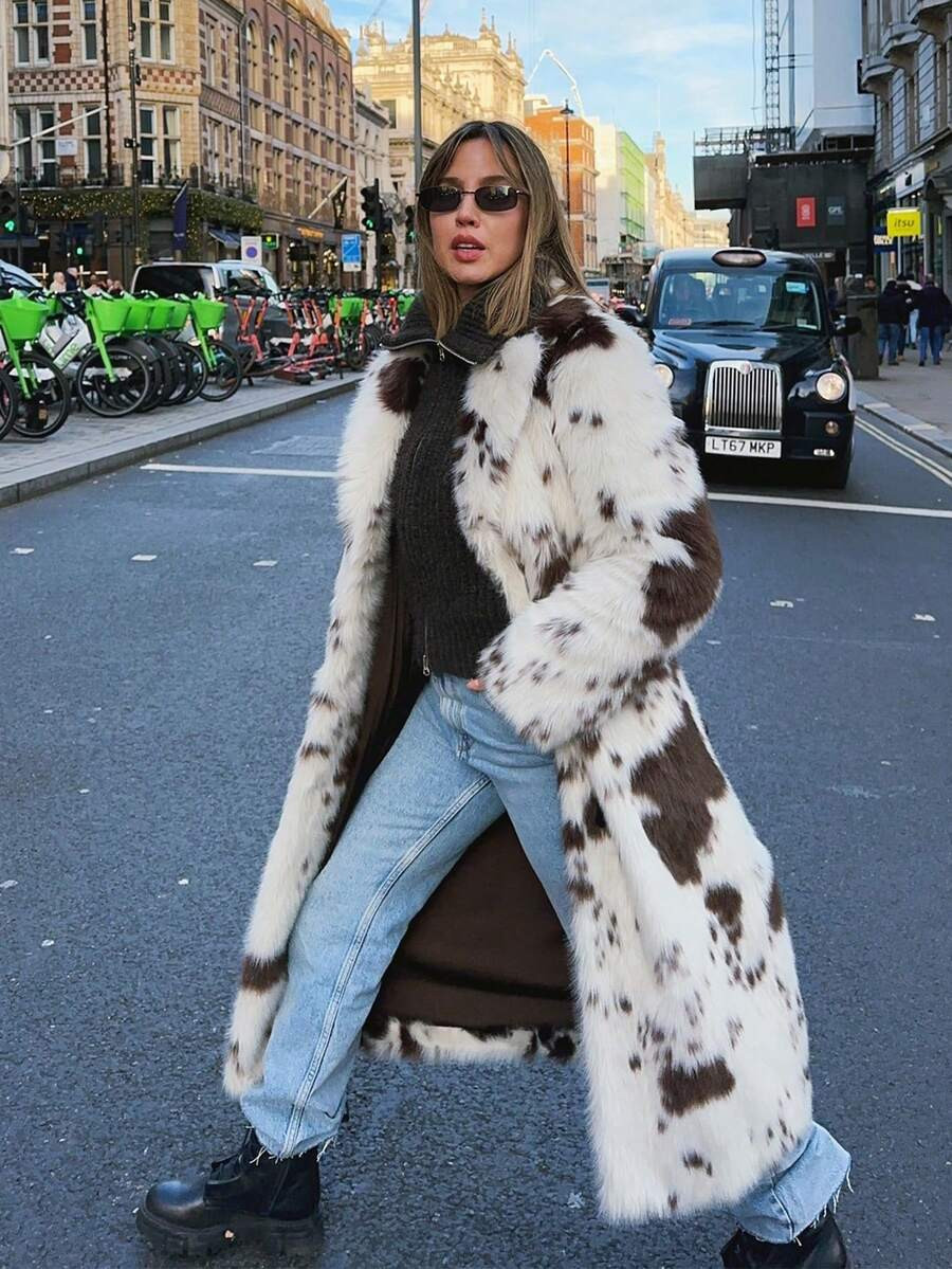 Winter Woman Cow Print Lapel Faux Fur Long Coat Elegant Long Sleeve Warm Jackets With Pockets | SHEIN