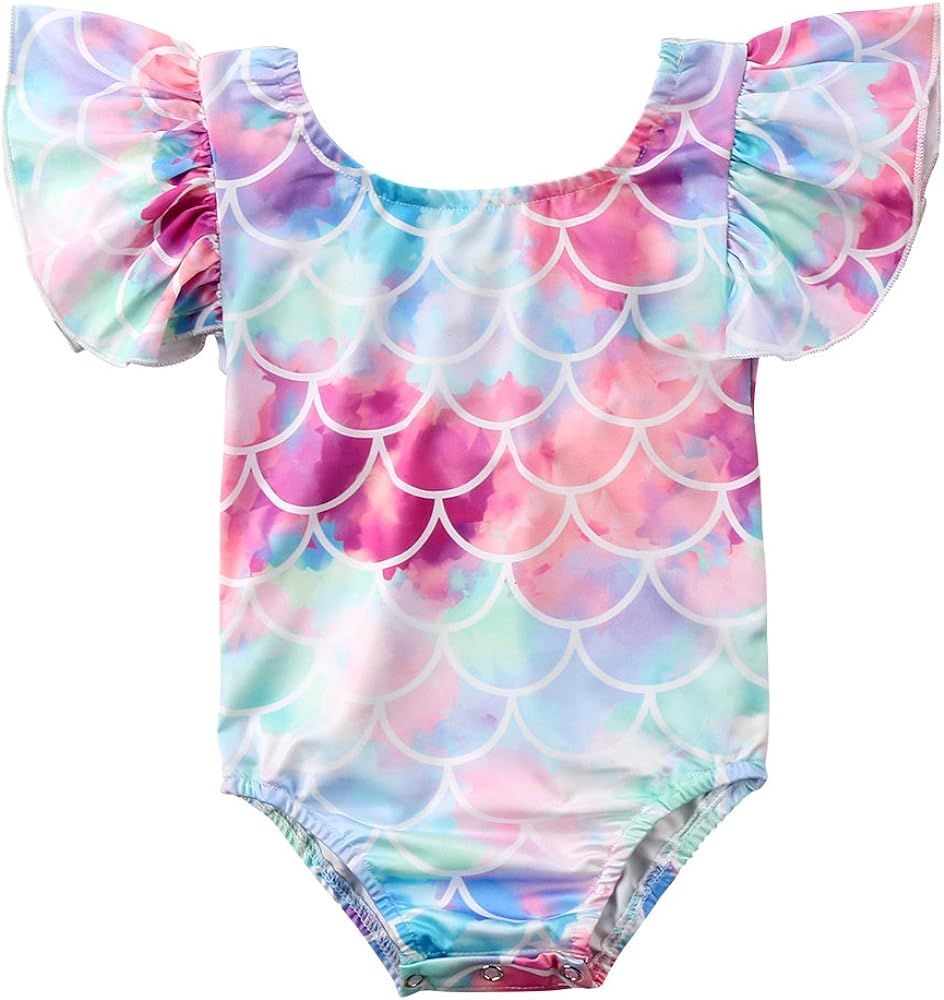 Infant Toddler Baby Girls Colorful Fish Scale Mermaid Ruffles Sleeve One-Piece Swimwear Swimsuit ... | Amazon (US)