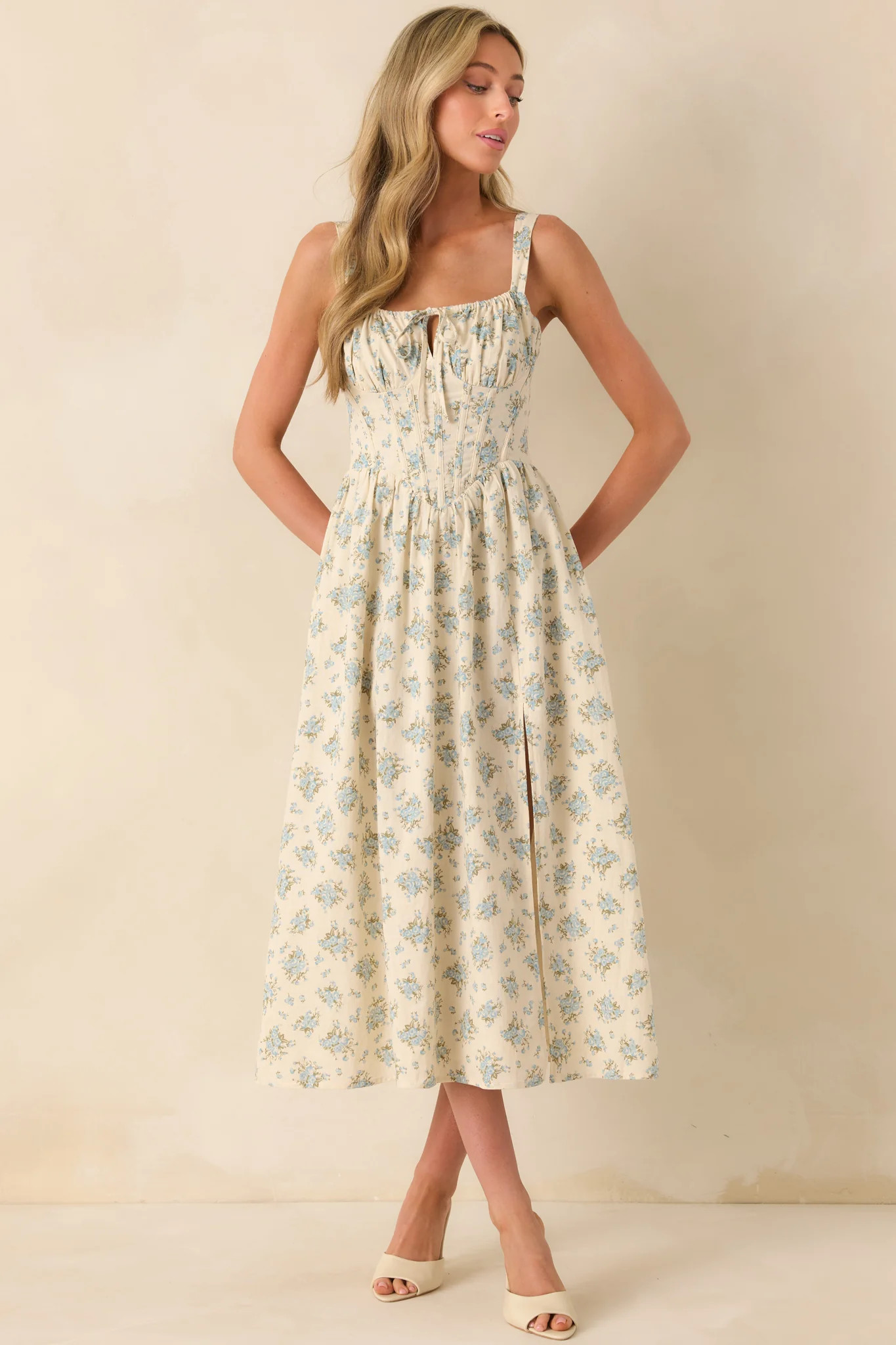 Elegance With Edge Light Blue Floral Print Cotton Midi Dress | Red Dress
