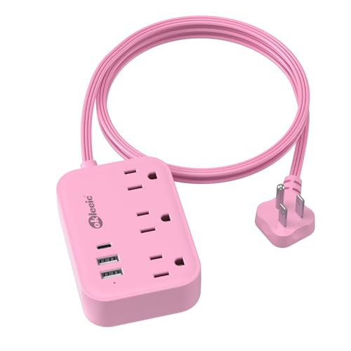 Pink Power Strip - 5Ft Extension Cord with 3 USB(1 USB C) Charging Station and 3 Outlets, Pink Desk Accessories for Cruise Travel Cute Kawaii College Dorm Desk Home Essentials | Amazon (US)