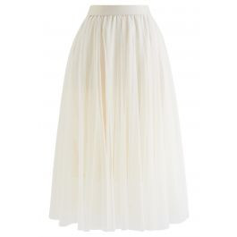 Venus Glitter Mesh Tulle Midi Skirt in Cream | Chicwish