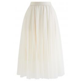 Venus Glitter Mesh Tulle Midi Skirt in Cream | Chicwish