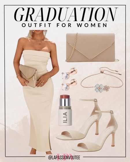Step into success with this sleek graduation look. A figure-hugging bodycon maxi tube dress exudes confidence, while minimalist stud earrings and a necklace add a touch of glamour. Complete the ensemble with a chic clutch bag and heeled sandals, making a statement as you embark on your next journey.

#LTKstyletip #LTKfindsunder100 #LTKSeasonal