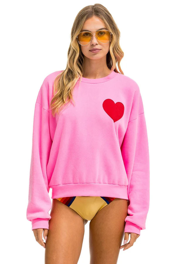 HEART STITCH RELAXED CREW SWEATSHIRT - NEON PINK | Aviator Nation