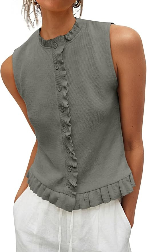 Saodimallsu Womens Sleeveless Sweater Vest Ruffle Button Down Knit Tank Top Summer Trendy Going O... | Amazon (US)