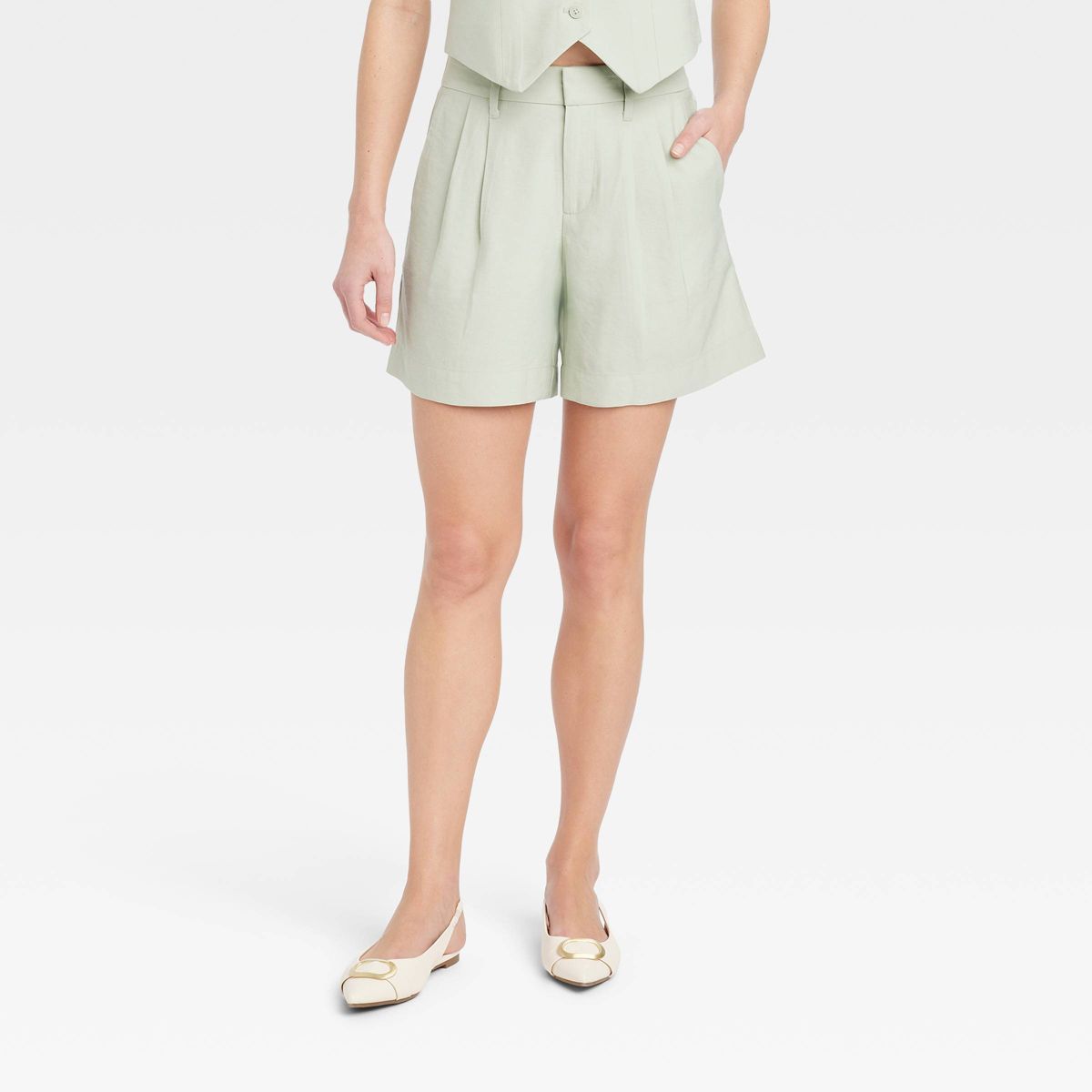 Women's High-Rise Pleated Front Shorts - A New Day™ Green 4 | Target