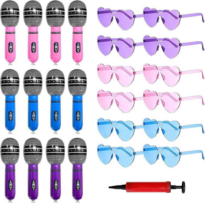 25 Pcs Kpop Party Supplies – 12 Inflatable Microphones & 12 Rimless Heart Sunglasses with Air P... | Amazon (US)