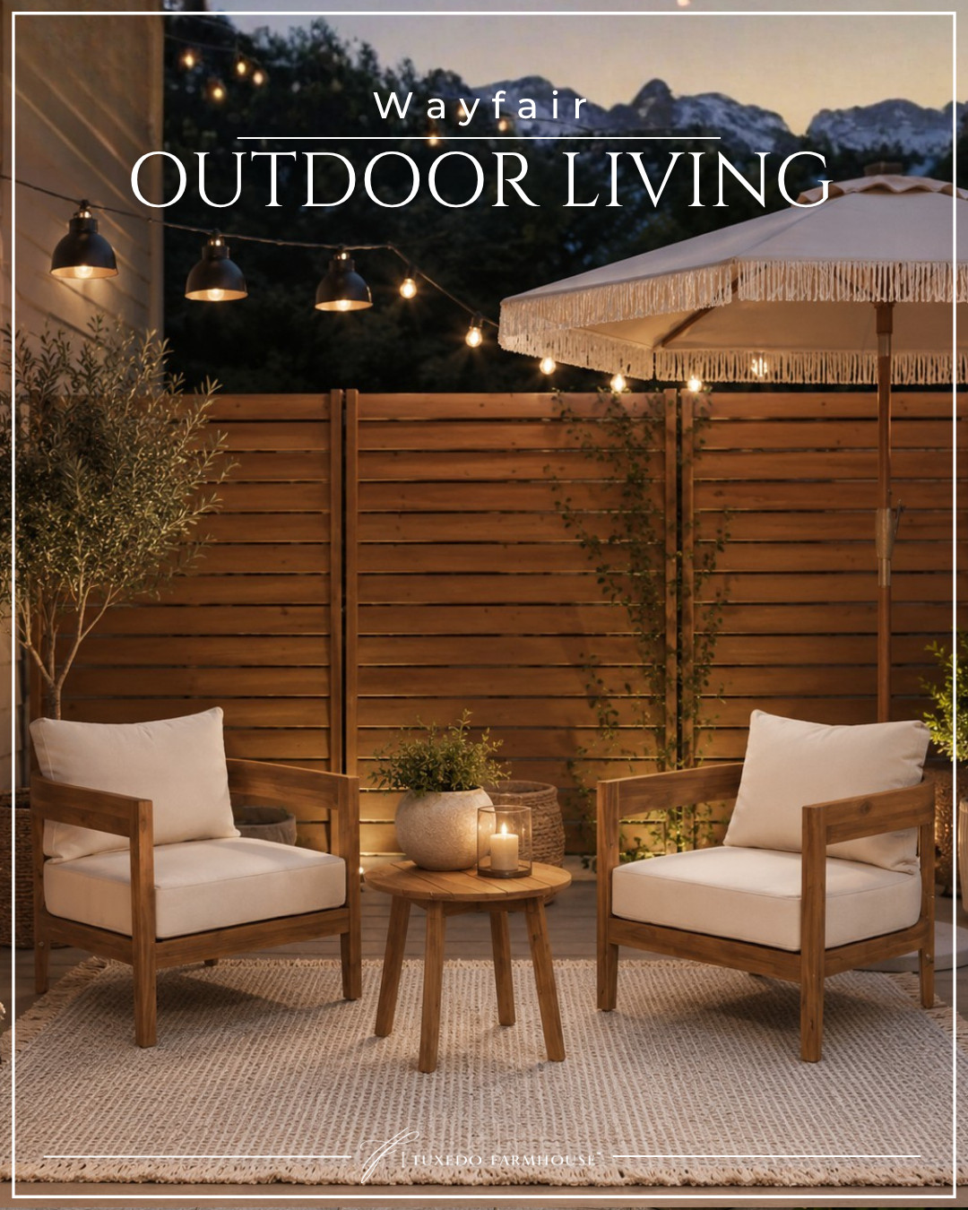Creating a cozy outdoor space doesn’t have to be complicated 🤍 These Wayfair finds are giving timeless patio charm with warm wood tones, soft neutral cushions, layered lighting, and the prettiest fringe umbrella for summer evenings outside. I love how these pieces instantly make a patio or porch feel elevated, cozy, and ready for entertaining. ✨ 

 #LTKSeasonal #LTKHome #LTKSaleAlert