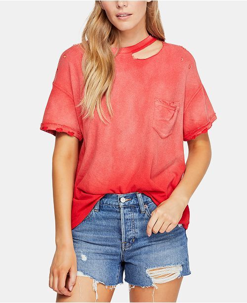 Free People Cotton Lucky Cold-Shoulder Distressed T-Shirt & Reviews - Tops - Women - Macy's | Macys (US)