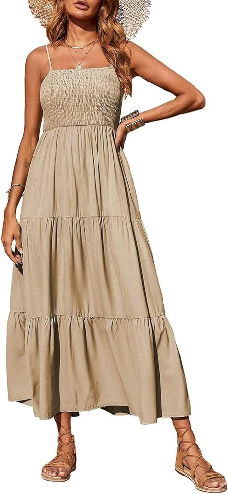 PRETTYGARDEN Women's Summer Maxi Dress 2025 Casual Boho Sleeveless Spaghetti Strap Smocked Tiered... | Amazon (US)