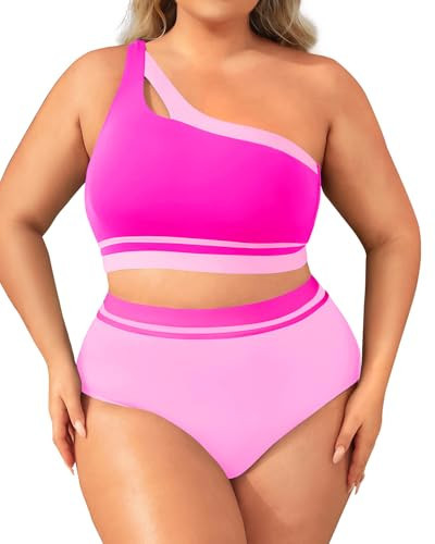 Aqua Eve Women Plus Size High Waisted Bikini One Shoulder Two Piece Swimsuit Color Block Bathing Suits Pink 16W | Amazon (US)