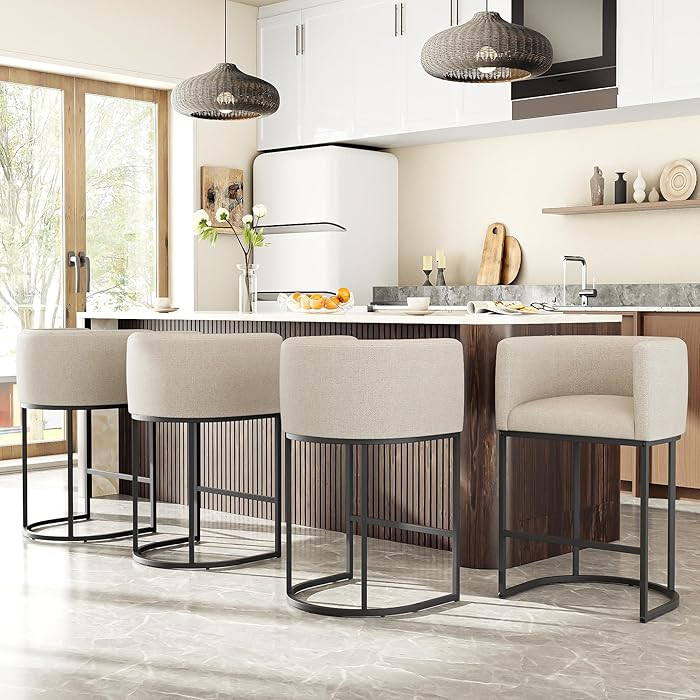 26" H Counter Height Bar Stools Set of 4, Modern Barrel Counter Stools with Backrest and Arms, Li... | Amazon (US)