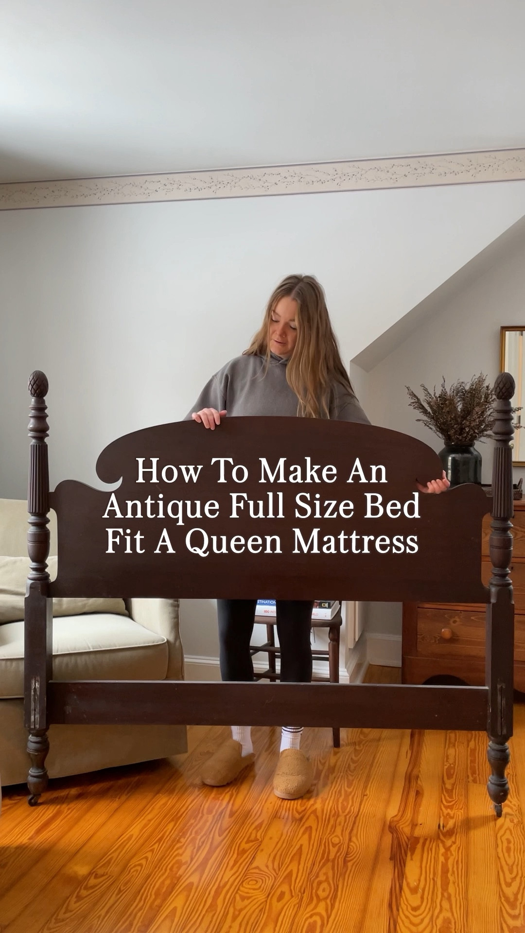 How to make an antique full size bed frame fit a queen mattress. It works like a charm!