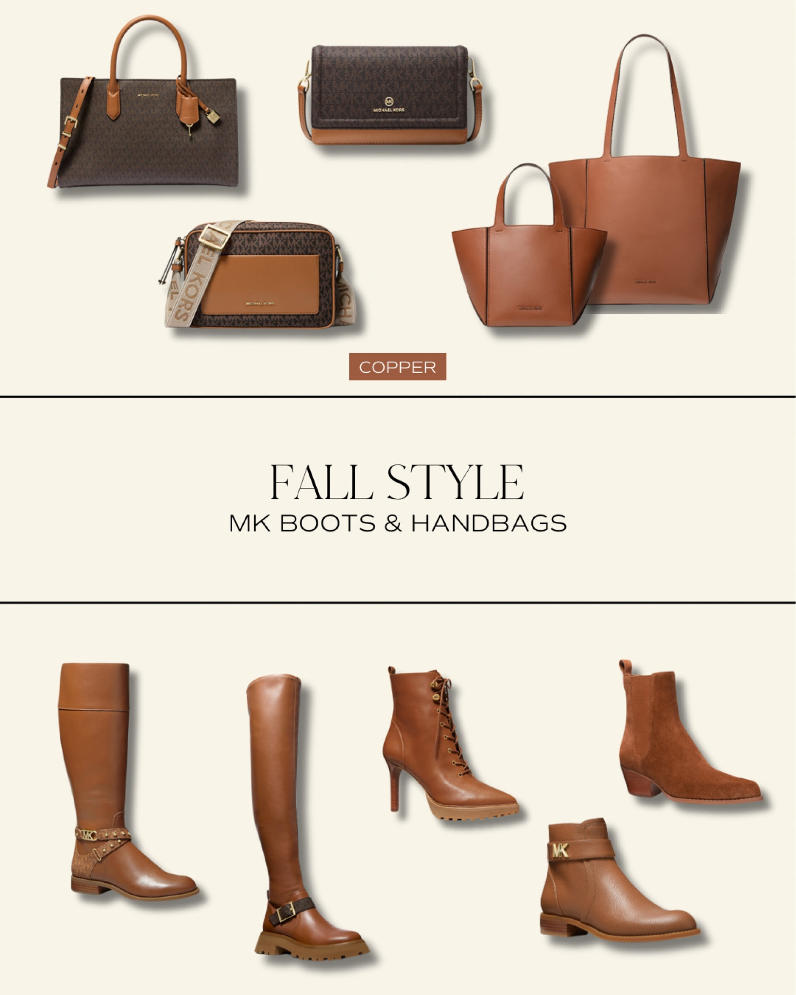 Fall Sales in full swing & MK hooked us up with an ADDITIONAL 20% off fall styles! Here are some of my favorite fall copper handbags and boots this season! 

#LTKSeasonal #LTKSaleAlert #LTKShoeCrush