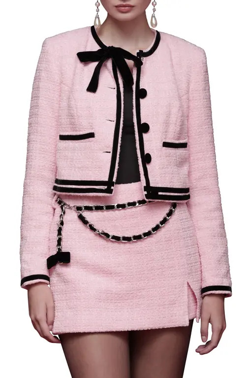 Avec Les Filles Tweed Crop Bow Trim Jacket in Candy Pink at Nordstrom, Size Small | Nordstrom