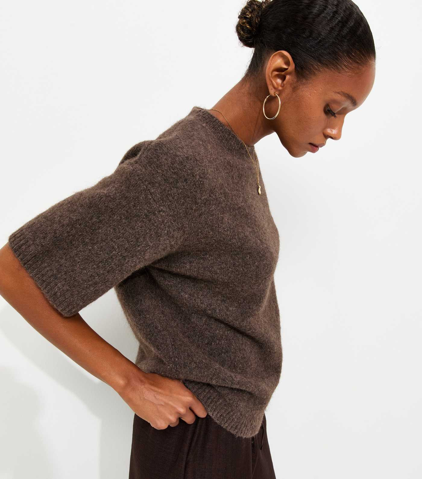 Dark Mink Knitted Oversized Short Sleeve Top with Wool | New Look | New Look (UK)