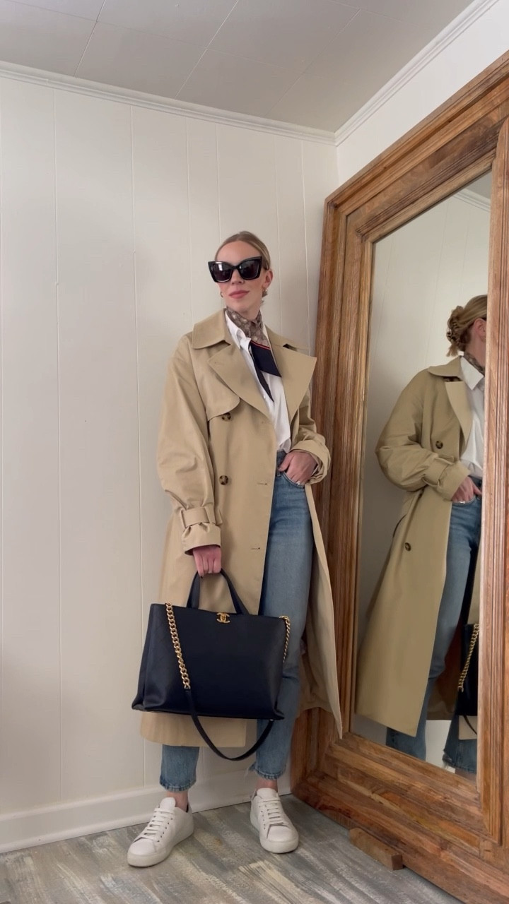 Spring outfit, trench coat, classic style, white cropped button down shirt, white sneakers, Gucci silk scarf, AGOLDE Riley jeans

#LTKstyletip #LTKshoecrush #LTKunder50