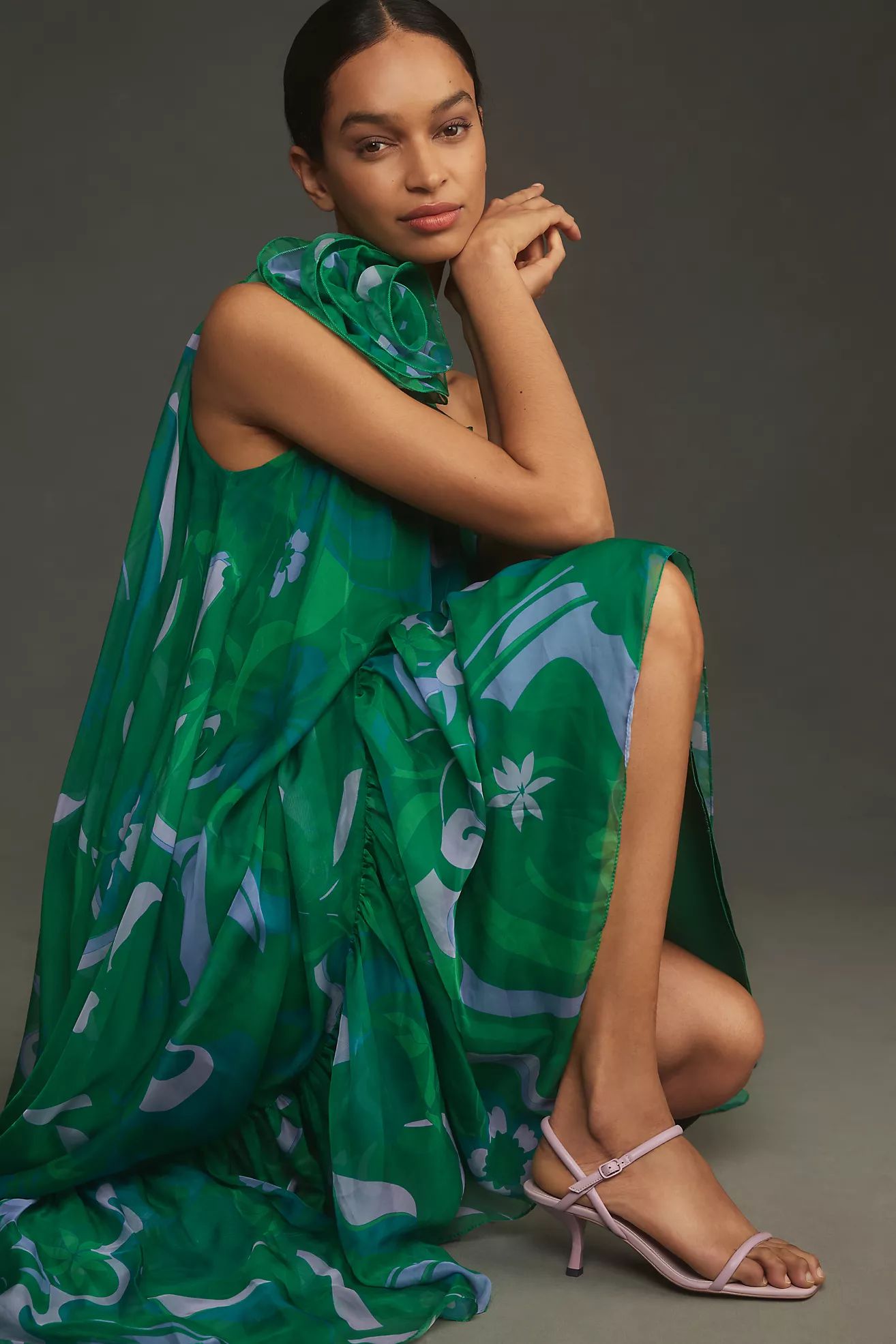 Mac Duggal One-Shoulder Rose Ruffle Maxi Dress | Anthropologie (US)
